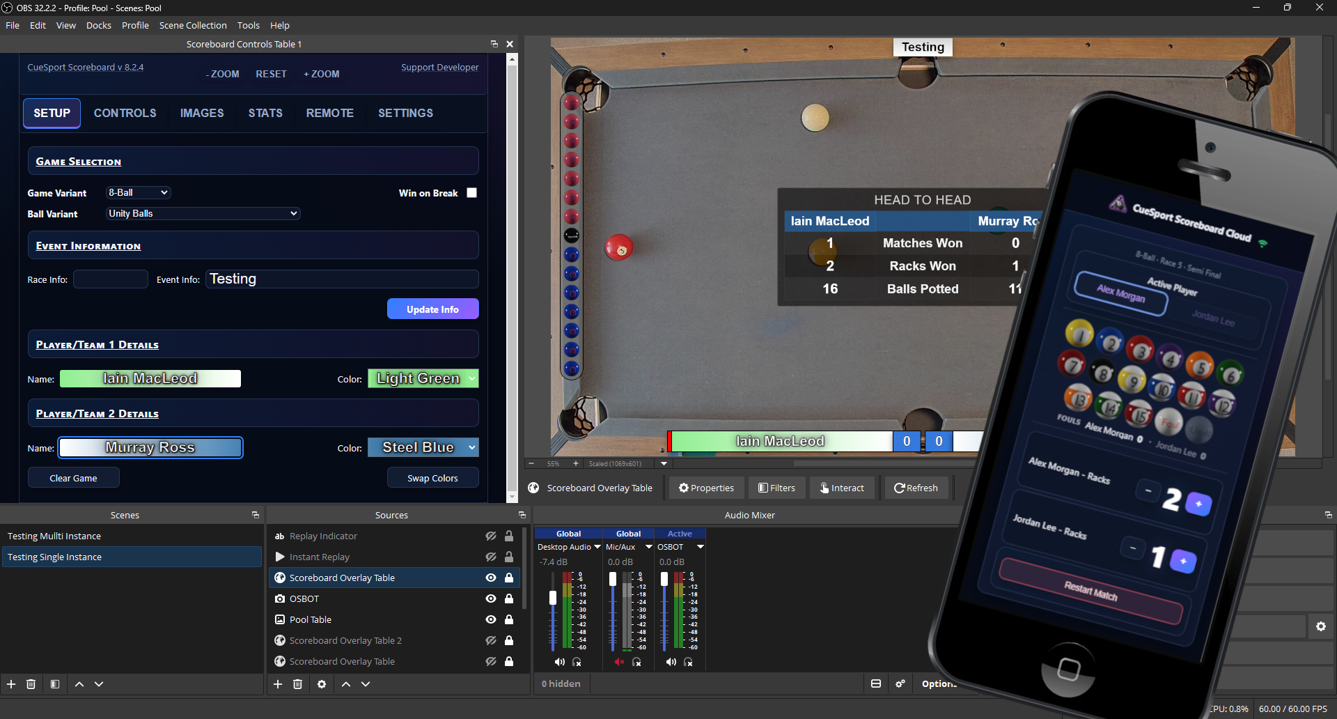 CueSport Scoreboard OBS dock beside a phone running Cloud remote control