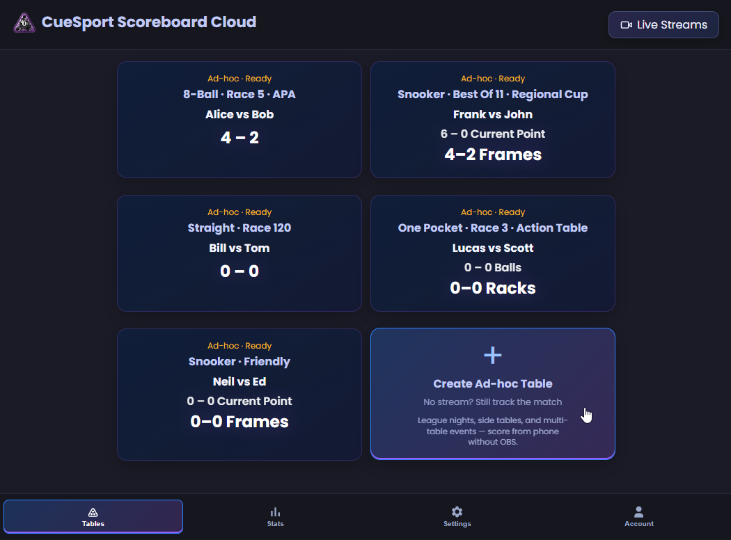 Dashboard showing an OBS dock table beside an ad-hoc Snooker table and Create Ad-hoc Table