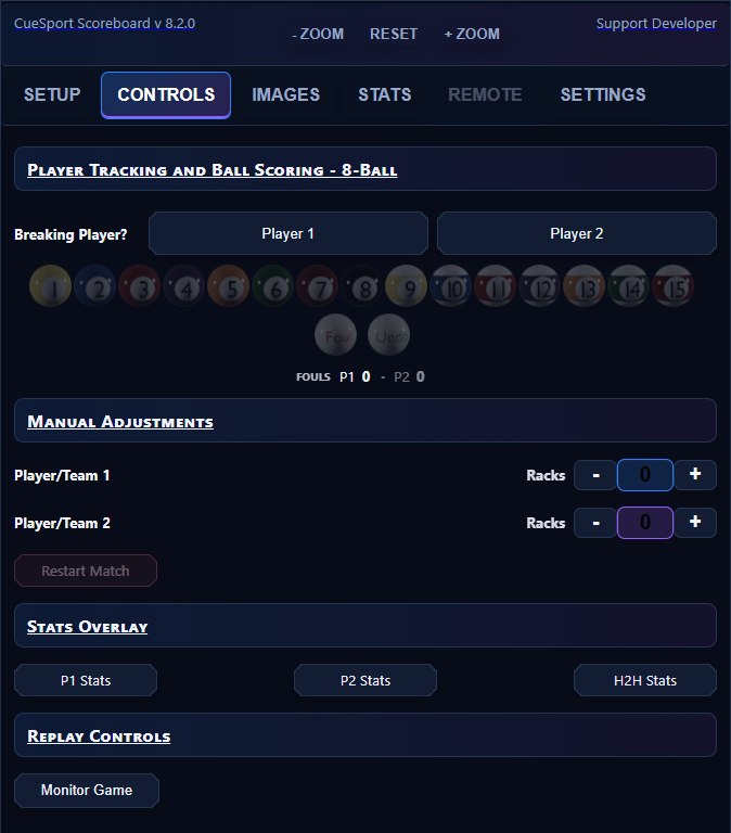 OBS CueSport Scoreboard dock scoring controls