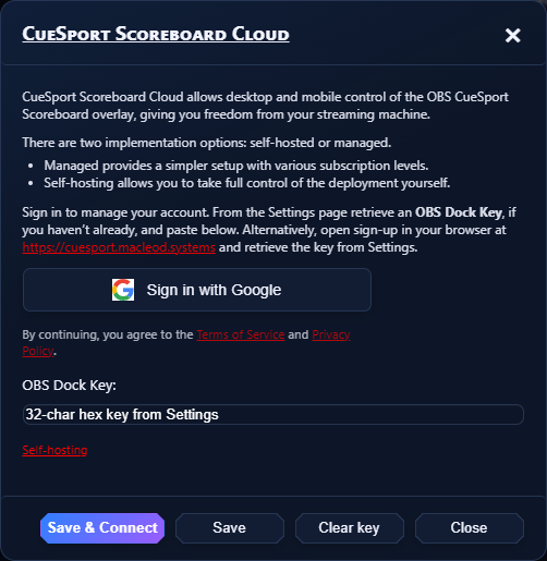 CueSport Scoreboard Cloud connection window showing managed and self-hosted choices