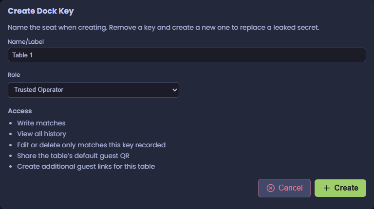 Create Dock Key window with Table 1 and Trusted Operator selected