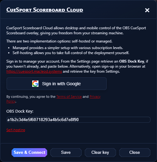 OBS Dock Key pasted into Cloud Connection above Save and Connect